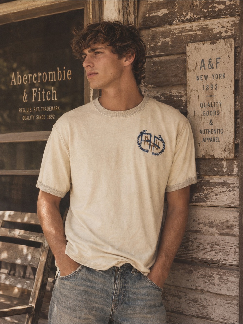 Abercrombie & Fitch Vintage Tee Muscle Fit XXL Cream Graphic T-Shirt